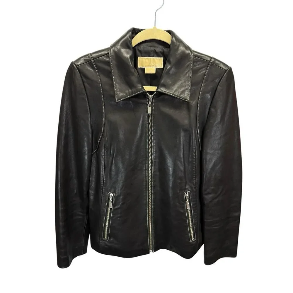 Michael Kors Black Leather Zip Jacket Women’s Medium Moto Minimalist Jacket